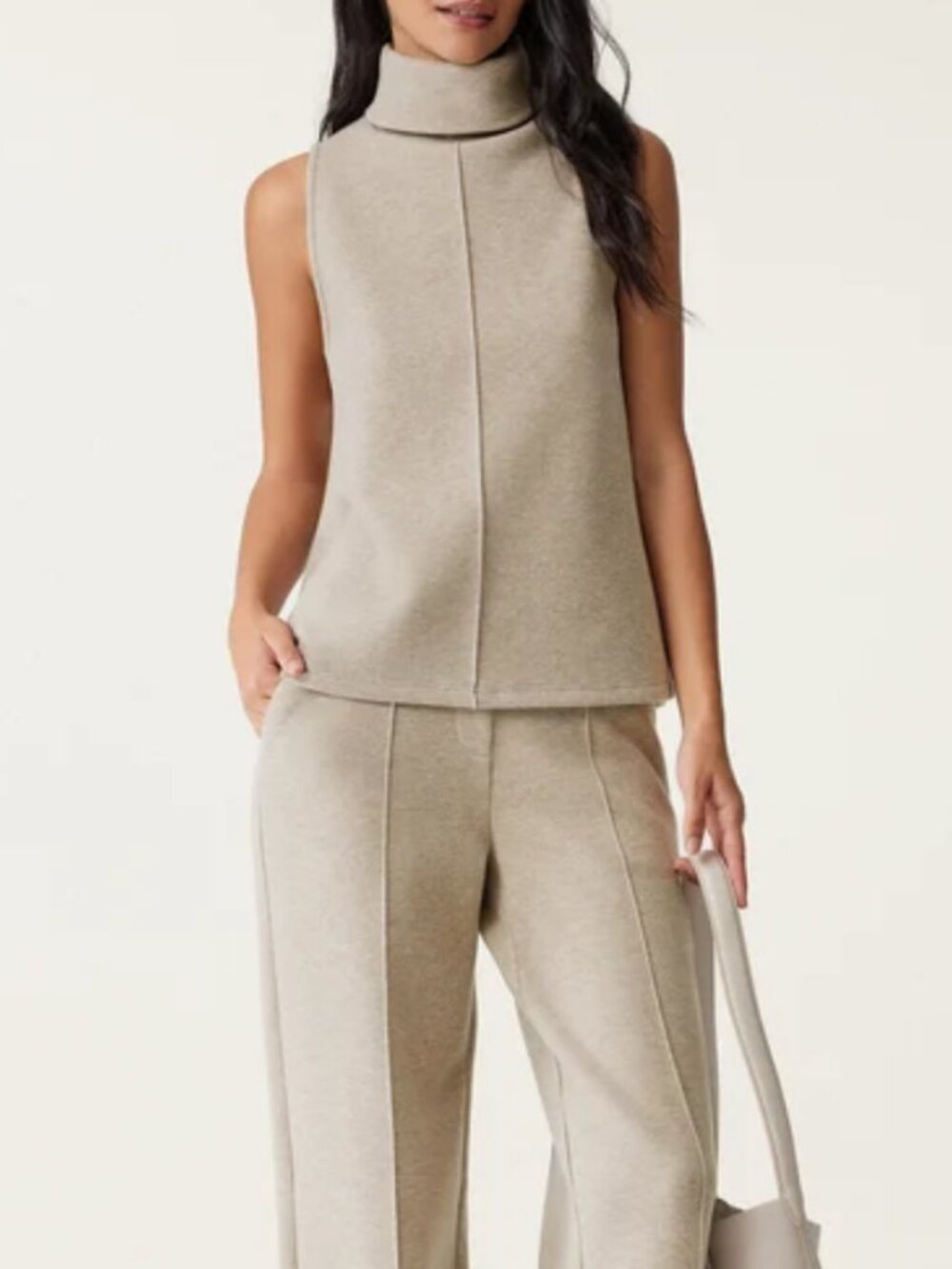 2 Piece Set Turtle Neck Split Hem Top & High Waisted Straight Leg Pants